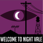 The night Vale logo - a crescent moon that makes up the iris of an eye against a purple background with the silhouettes of a water tower, telephone pole, mountain, and antenna in the foreground.